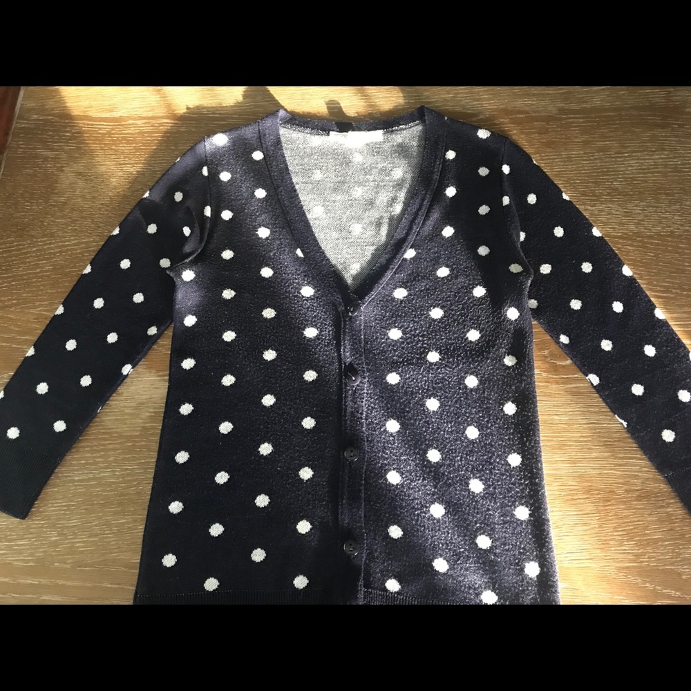 A Knitch Above Navy Blue White Polka Dot Cardigan